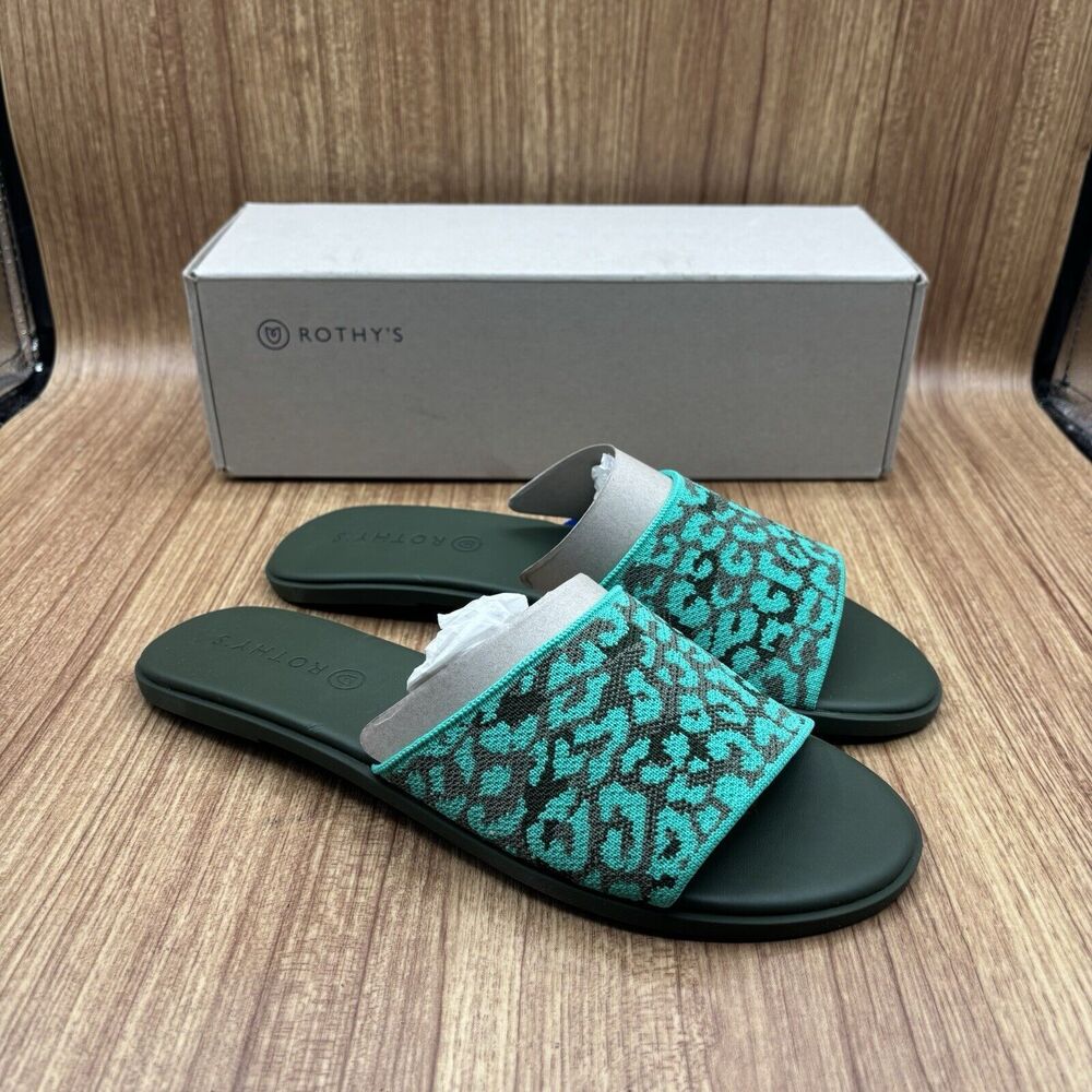 Rothy's The Slide Size US 8.5 Aqua Camo Spot Slip On Flats‎ Sandal RETIRED New